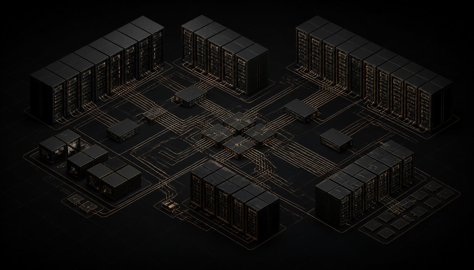 Isometric technical diagram of interconnected GPU server racks and network paths
